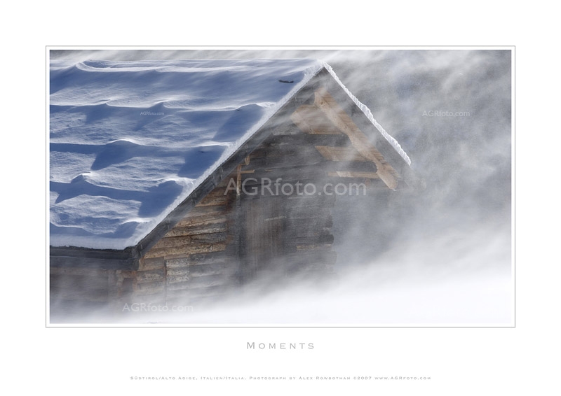 Cabin Snow - agrfoto_4_0530 - One of our most popular images from the South Tyrolean collection. Snow storm, alpine hut, Martell Valley (Martelltal) in the autonomous region, of South Tyrol, Alto Adige (IT) or Südtirol (DE) in northern Italy, the Italian Alps. This photograph by Alex Rowbotham is also included in the Moments Postcard Box Set